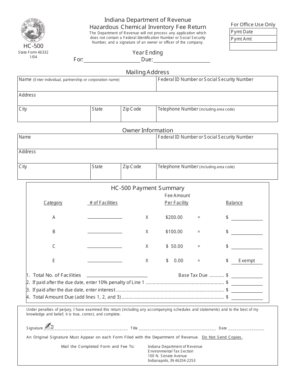 Form HC-500 Hazardous Chemical Inventory Fee Return - Indiana, Page 1