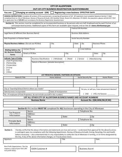 Out-Of-City Business Registration Questionnaire - City of Allentown, Pennsylvania Download Pdf