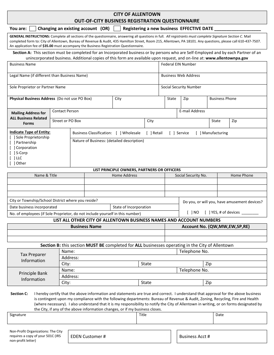 Out-Of-City Business Registration Questionnaire - City of Allentown, Pennsylvania, Page 1