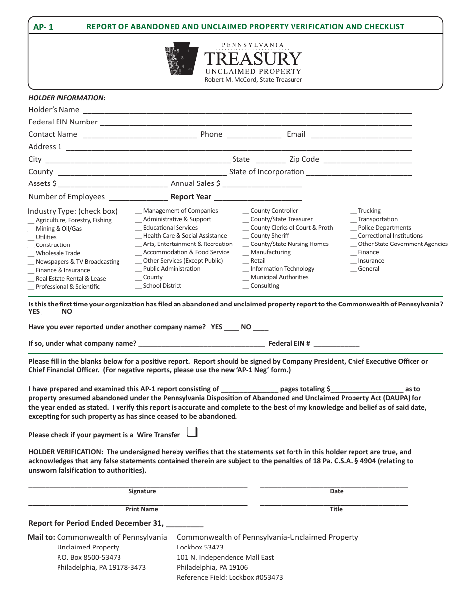 Form AP-1 Report of Abandoned and Unclaimed Property - Verification and Checklist - Pennsylvania, Page 1