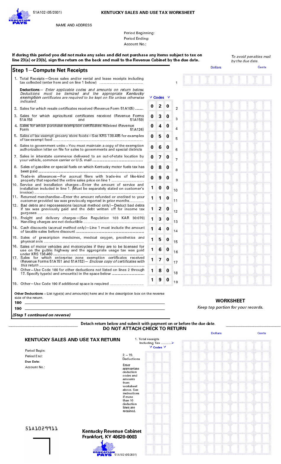 Form 51A102 Sales and Use Tax Worksheet - Kentucky, Page 1