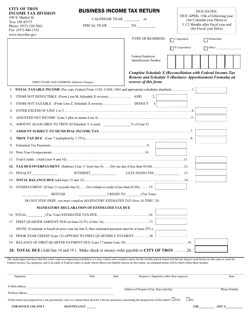 Business Income Tax Return - City of Troy, Ohio