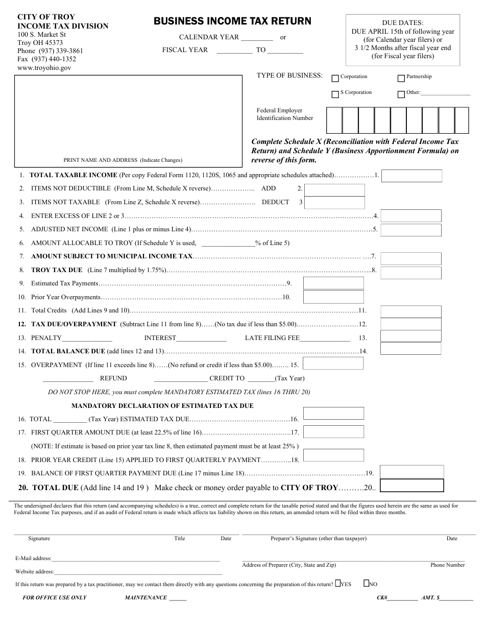 Business Income Tax Return - City of Troy, Ohio, Page 1