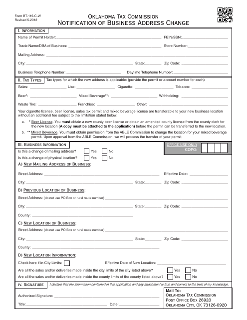 OTC Form BT-115-C-W Notification of Business Address Change - Oklahoma