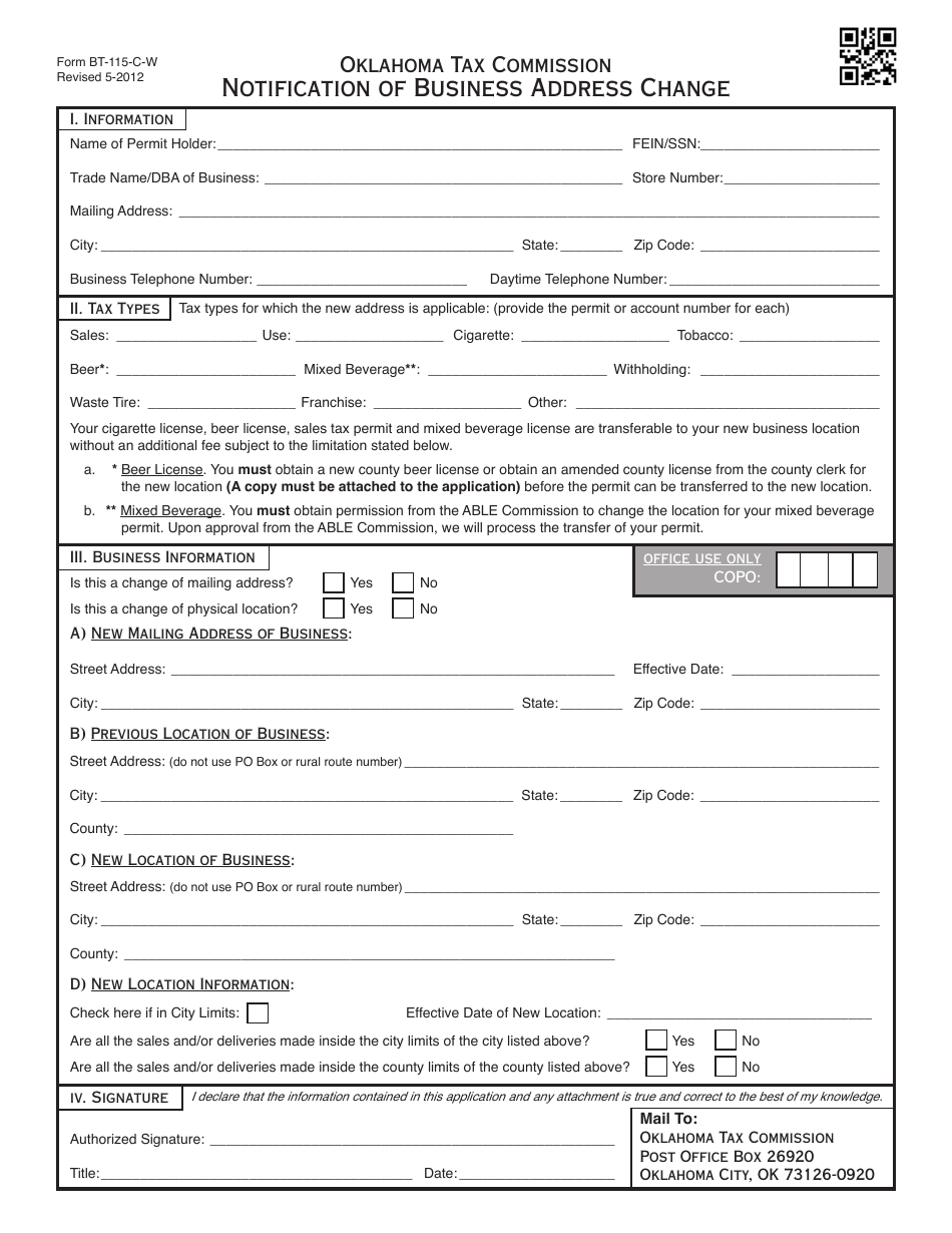 OTC Form BT-115-C-W Notification of Business Address Change - Oklahoma, Page 1