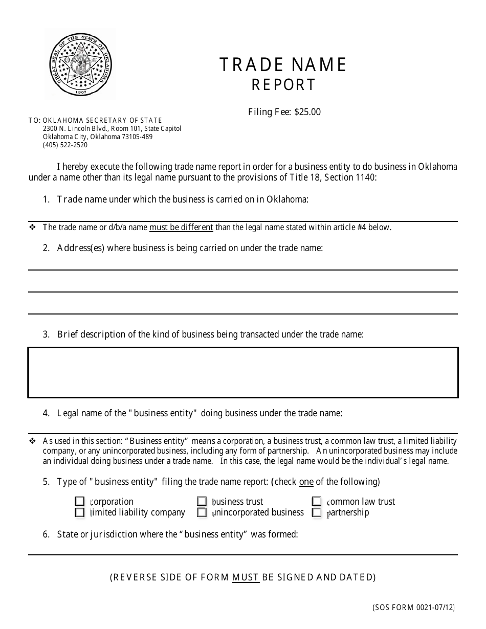SOS Form 0021 Trade Name Report - Oklahoma, Page 1