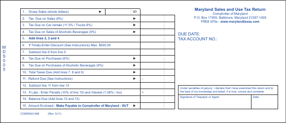 Form COM/RAD-098 Sales and Use Tax Return - Maryland