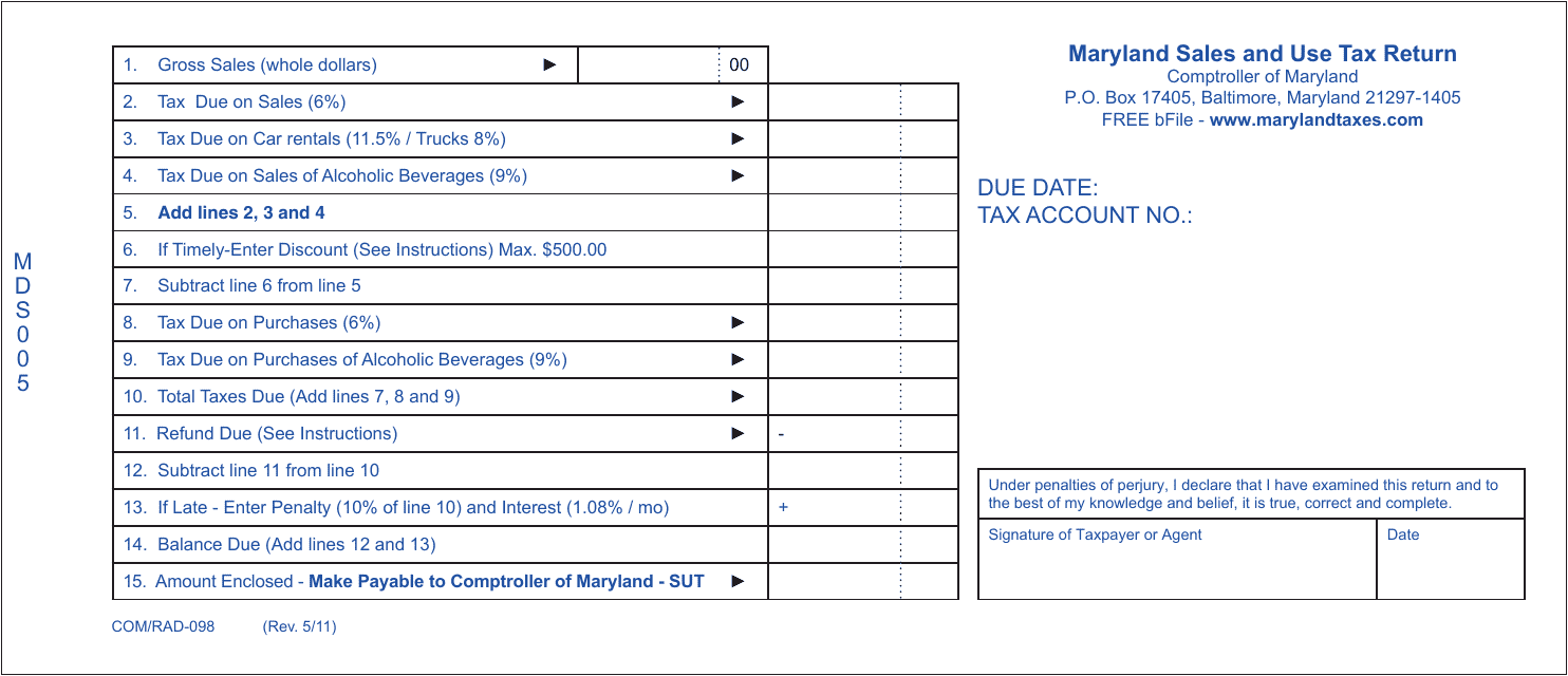 Form COM/RAD-098 Sales and Use Tax Return - Maryland