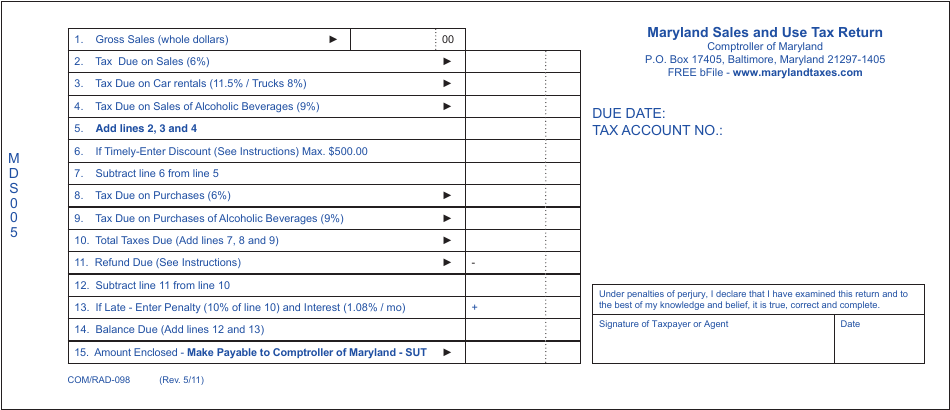 Form COM / RAD-098 Sales and Use Tax Return - Maryland, Page 1