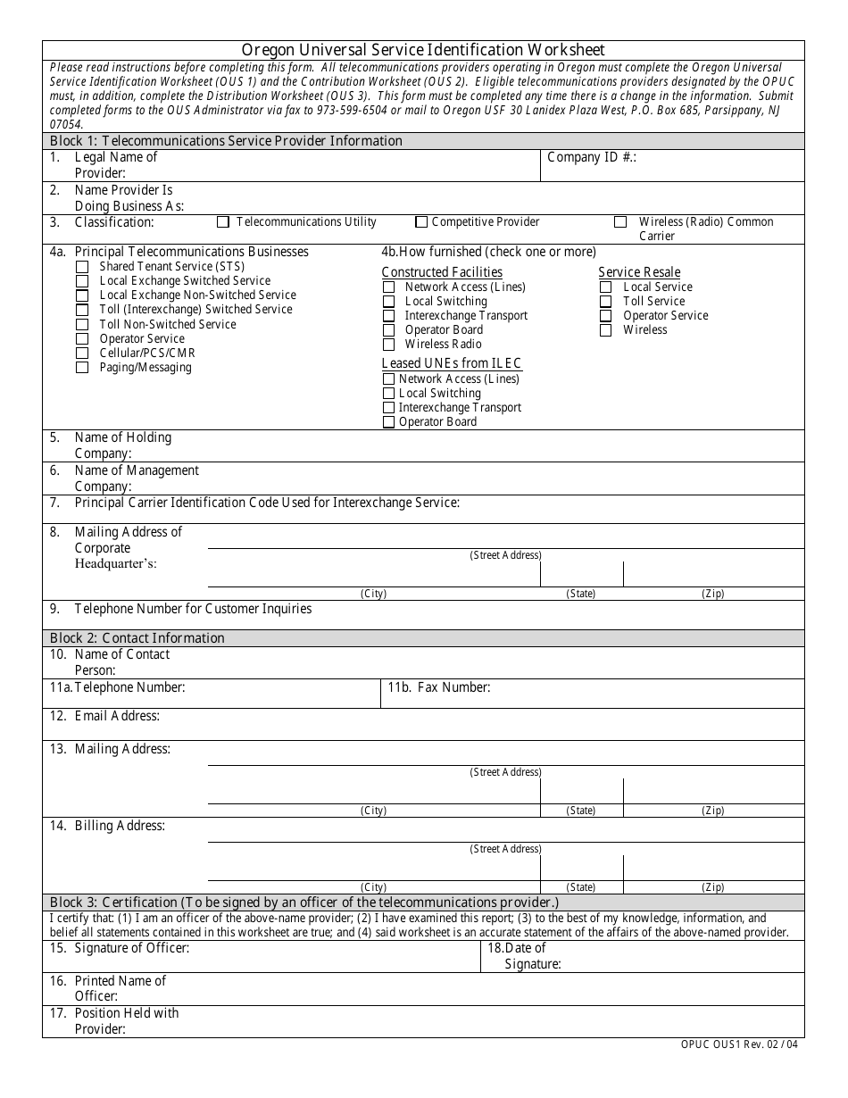 Form OPUC OUS1 Oregon Universal Service Identification Worksheet - Oregon, Page 1