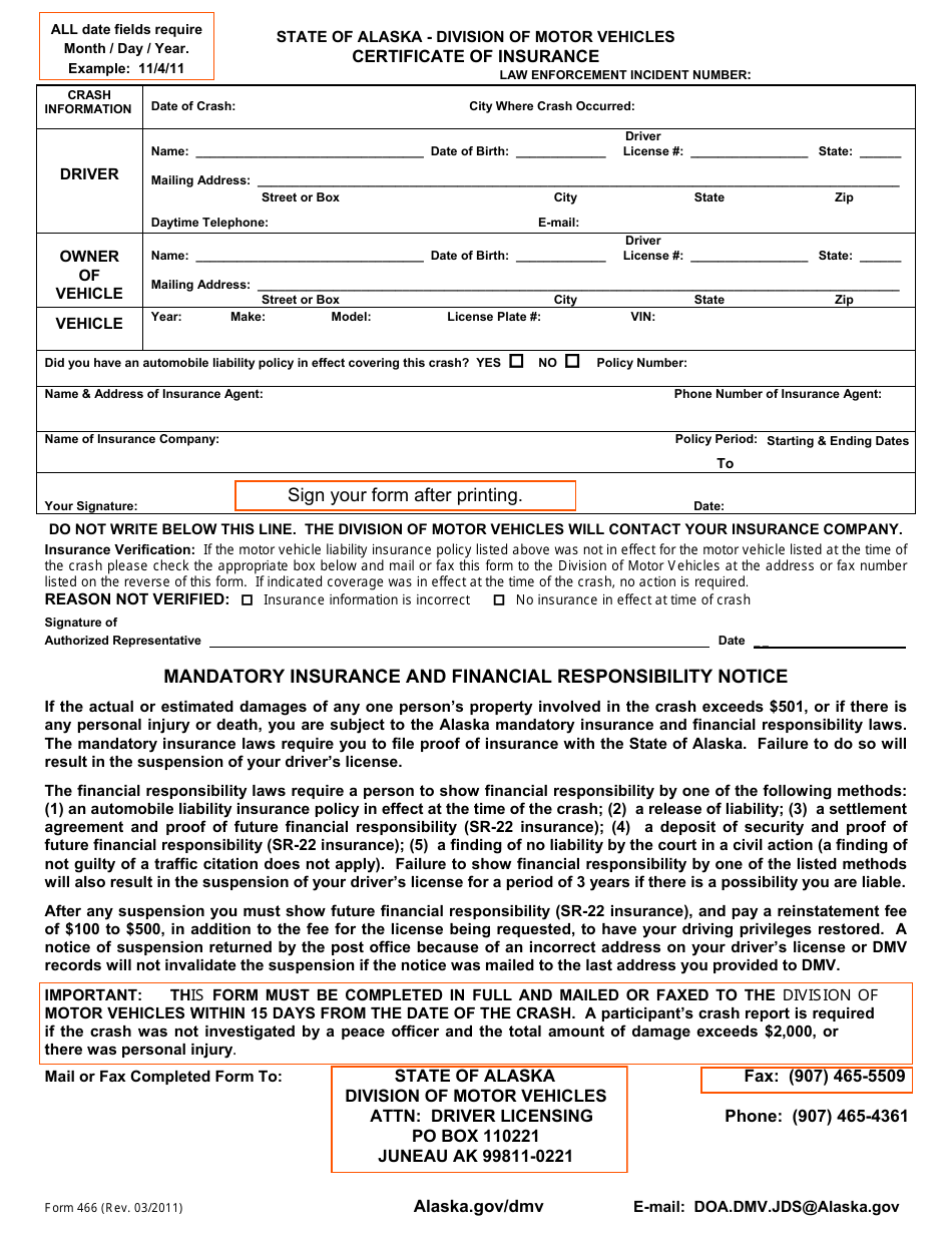 Form 466 Certificate of Insurance - Alaska, Page 1