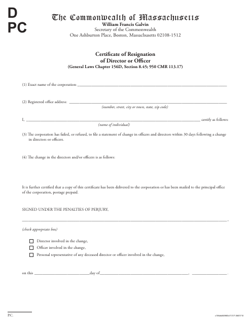 Certificate of Resignation of Director or Officer - Massachusetts Download Pdf