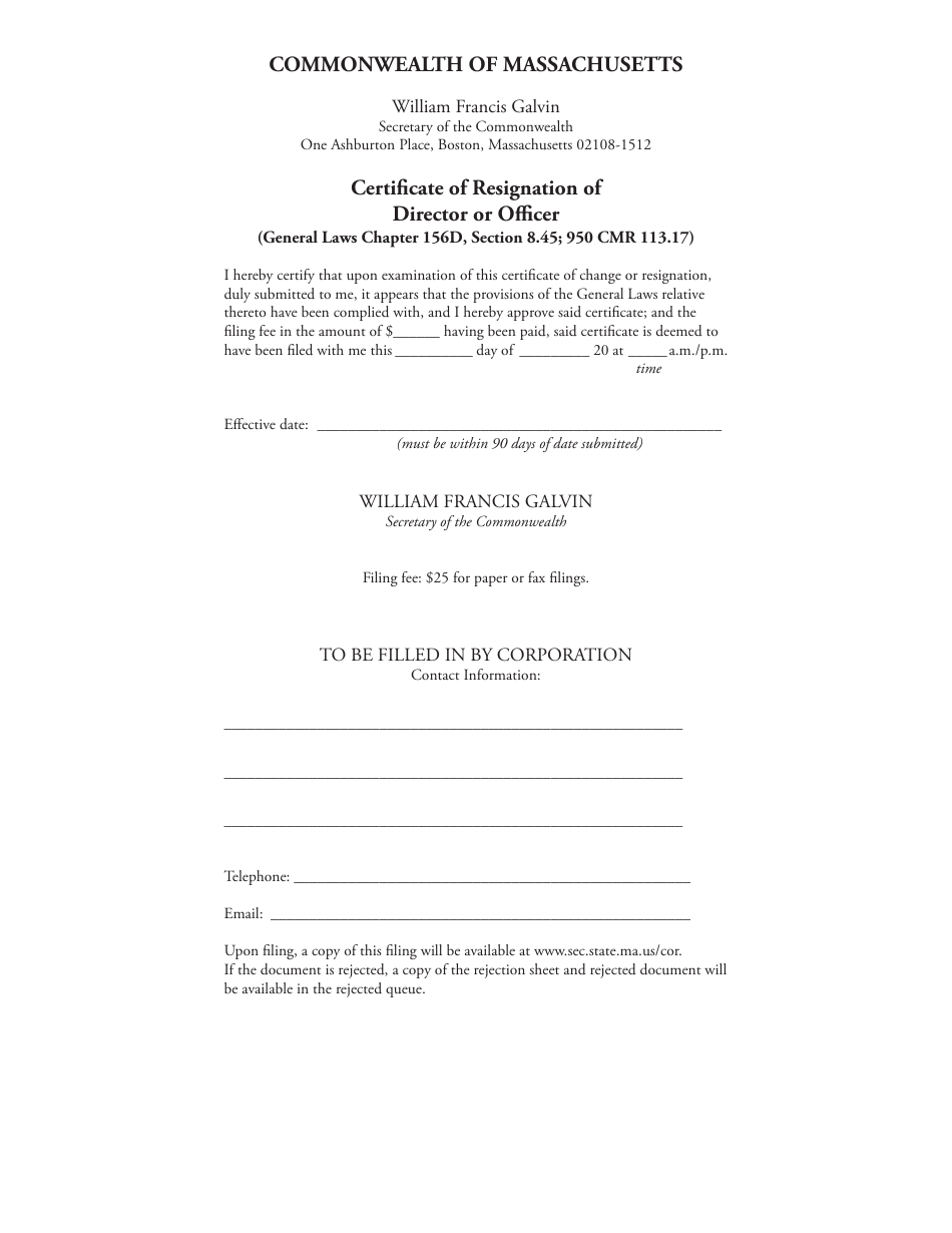Certificate of Resignation of Director or Officer - Massachusetts, Page 2