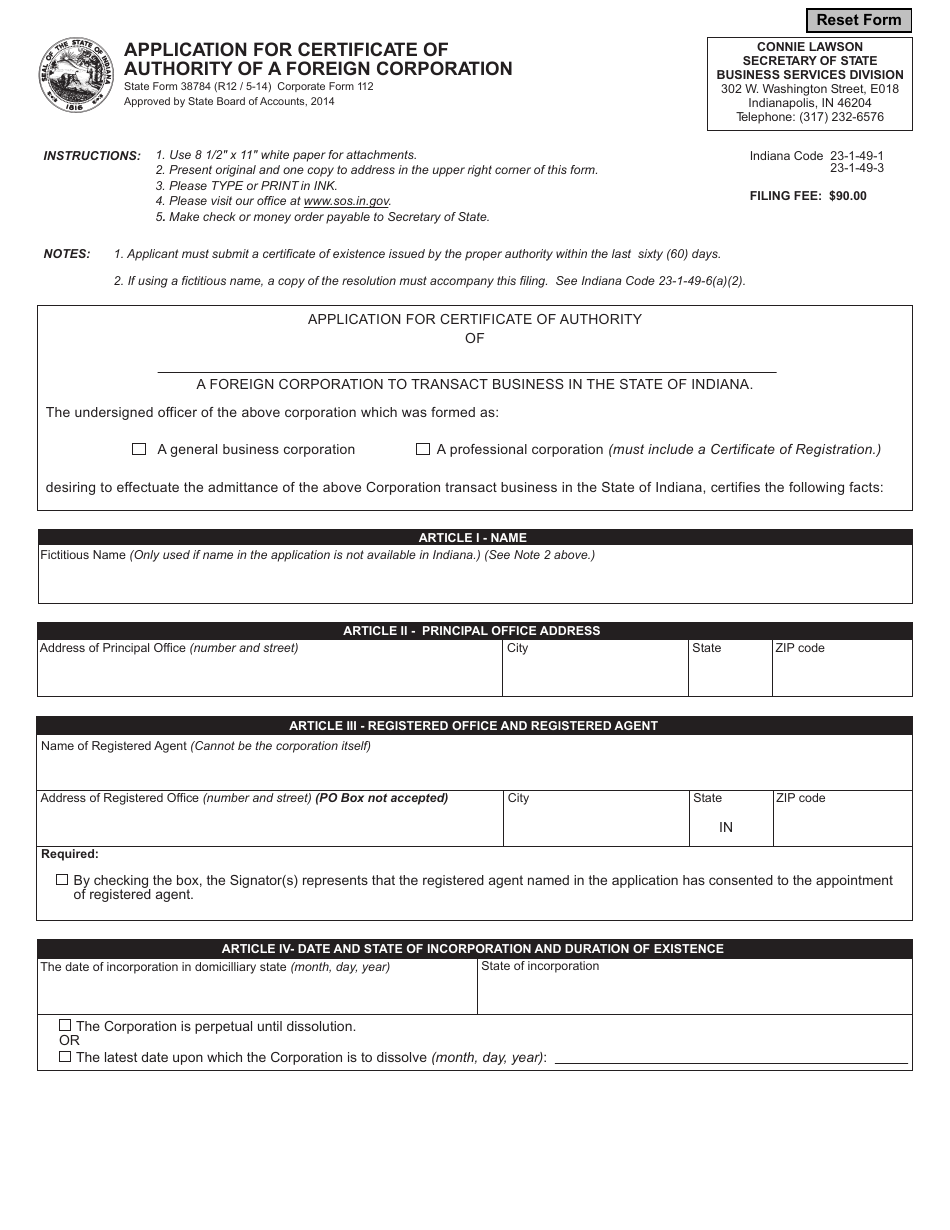 State Form 38784 (Corporate Form 112) Application for Certificate of Authority of a Foreign Corporation - Indiana, Page 1