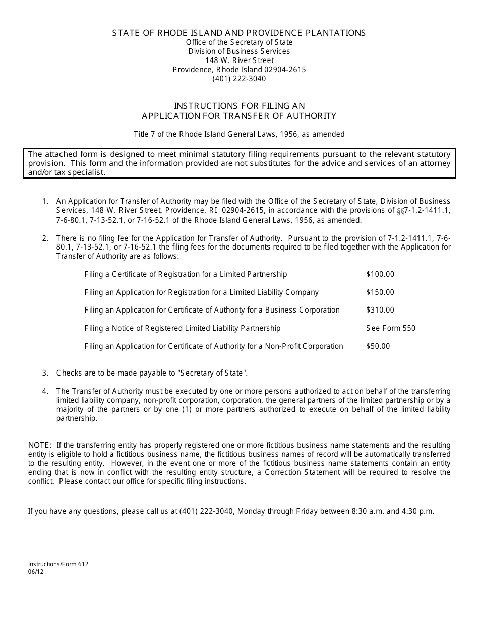 Form 612 Application for Transfer of Authority - Rhode Island, Page 1