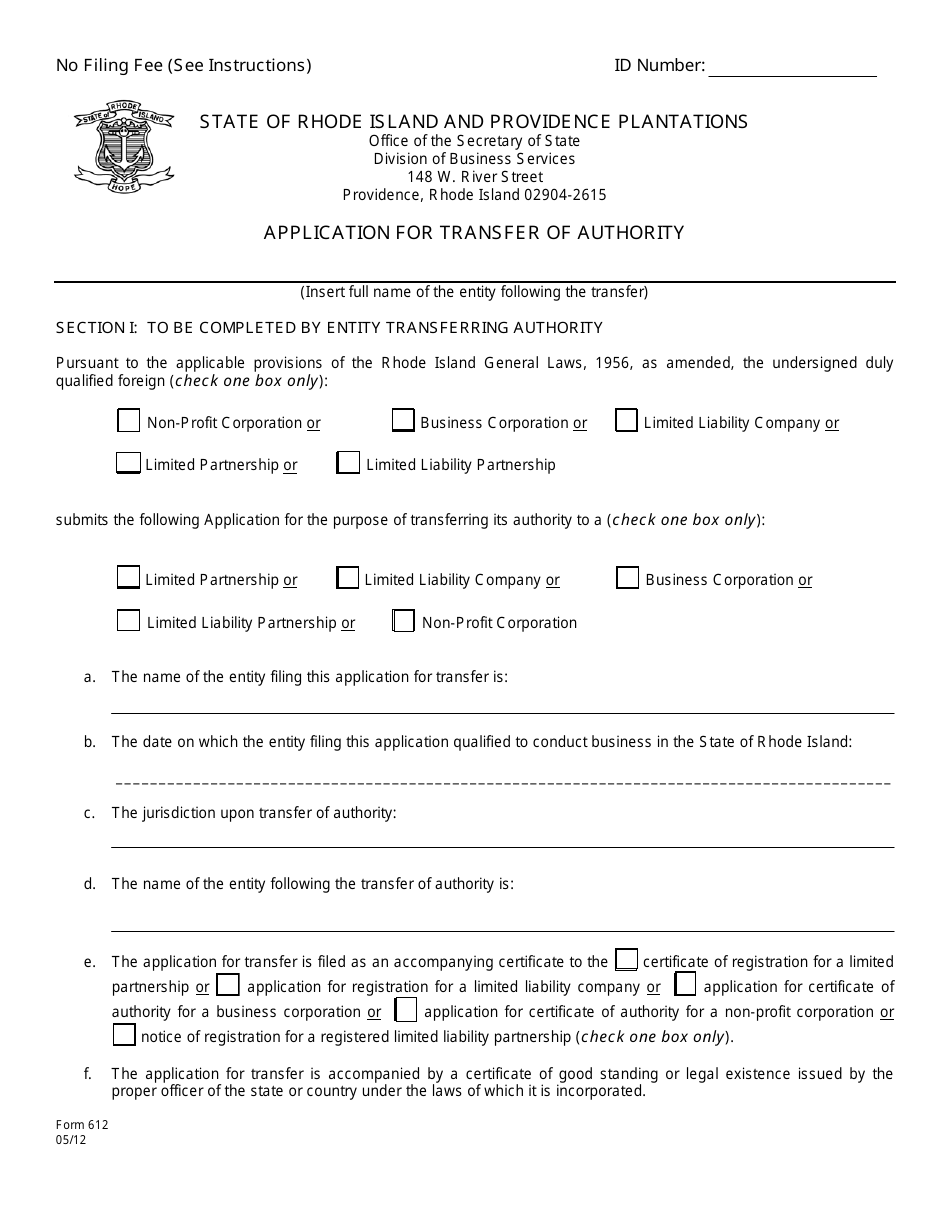 Form 612 Application for Transfer of Authority - Rhode Island, Page 2