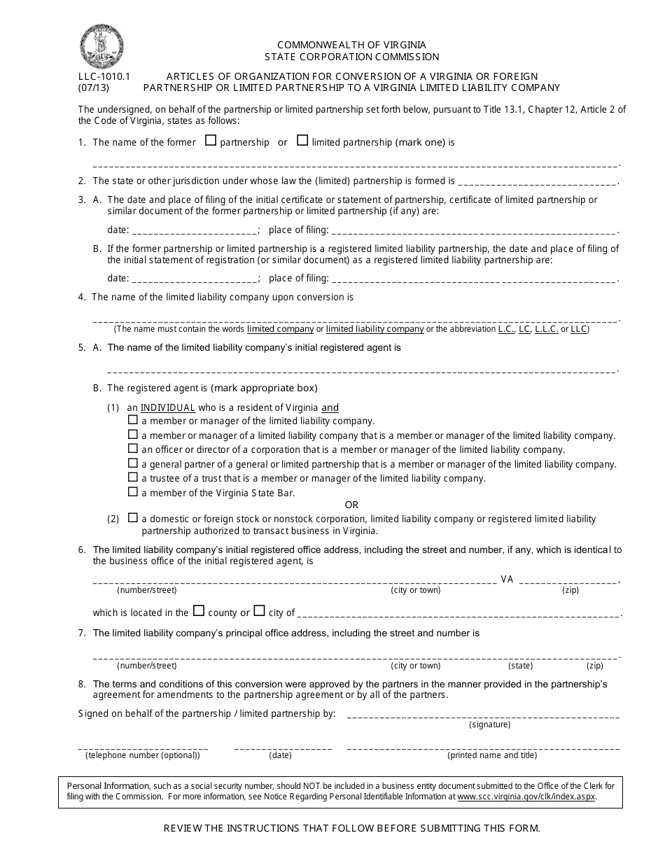 Form LLC-1010.1 Articles of Organization for Conversion of a Virginia or Foreign Partnership or Limited Partnership to a Virginia Limited Liability Company - Virginia, Page 1