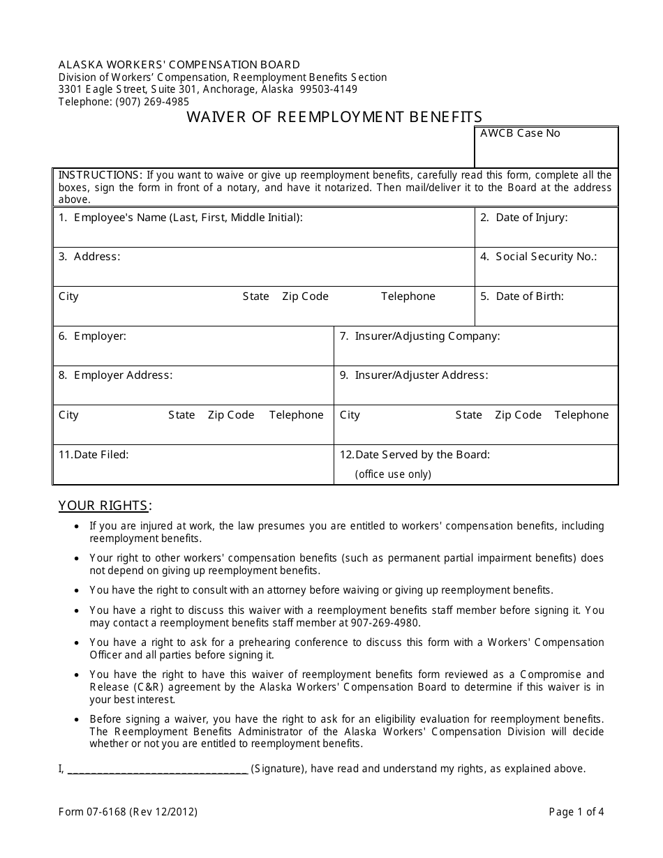 Form 07-6168 Waiver of Reemployment Benefits - Alaska, Page 1