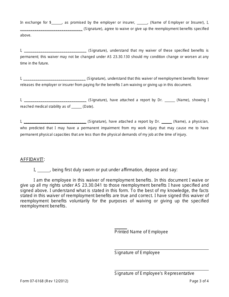 Form 07-6168 Waiver of Reemployment Benefits - Alaska, Page 3