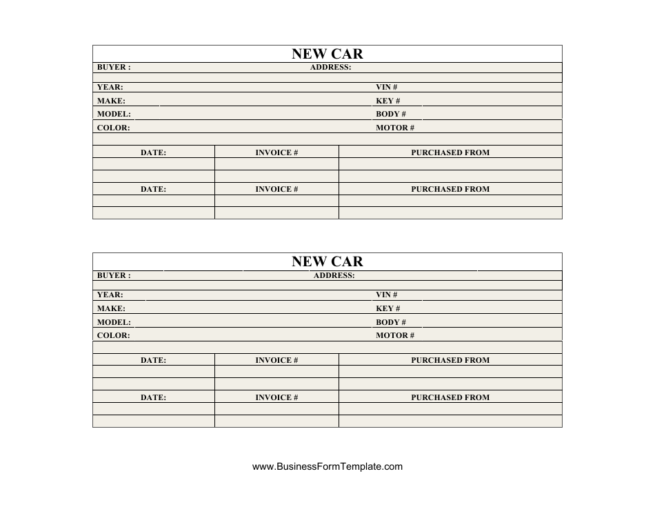 New Car Inventory Card Template, Page 1
