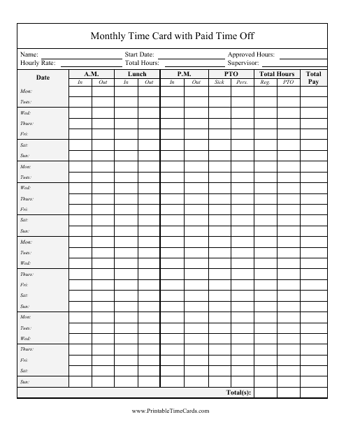 &quot;Monthly Time Card Template With Paid Time off&quot; Download Pdf