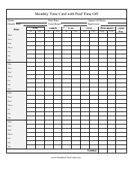 Monthly Time Card Template With Paid Time off Download Printable PDF ...