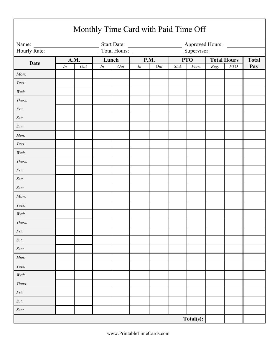 Monthly Time Card Template With Paid Time off - A convenient and efficient document for tracking working hours and paid time off.