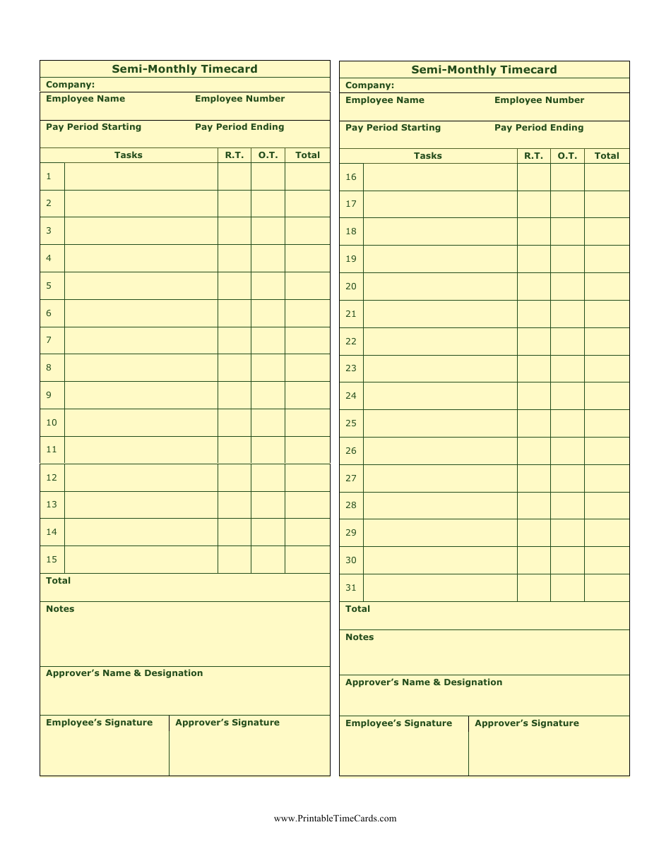 Semi-monthly Time Card Template