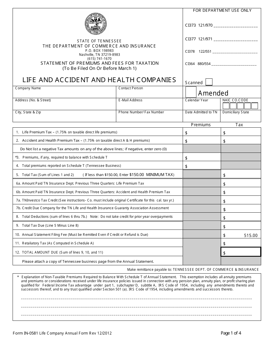 Form IN-0581 Statement of Premiums and Fees for Taxation - Life and Accident and Health Companies - Tennessee, Page 1