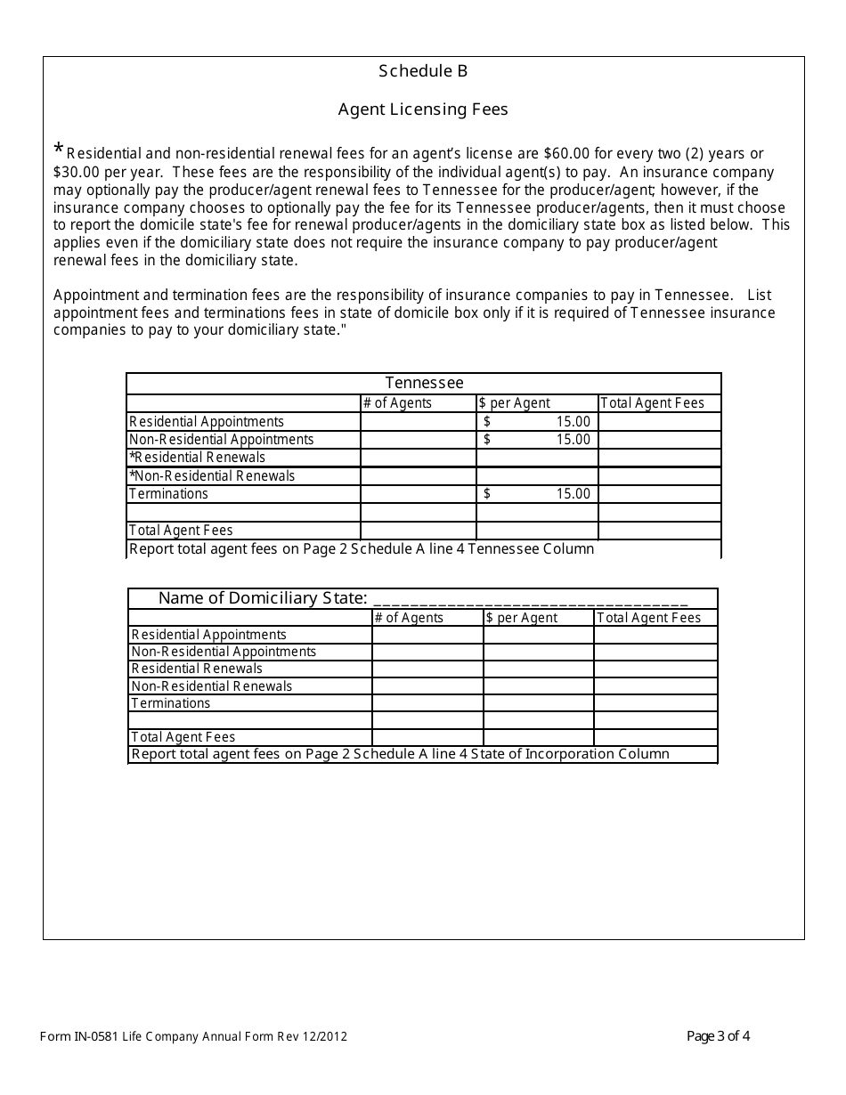 Form IN-0581 Statement of Premiums and Fees for Taxation - Life and Accident and Health Companies - Tennessee, Page 3