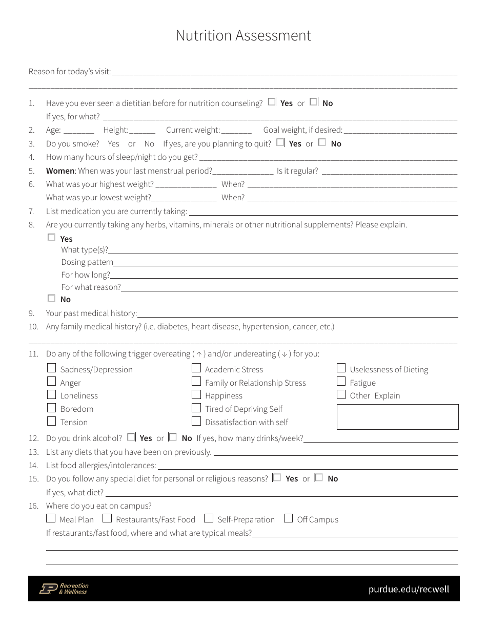 Nutrition Assessment Form - Purdue University, Page 1