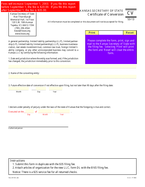 Form CV53-13 Certificate of Conversion - Kansas