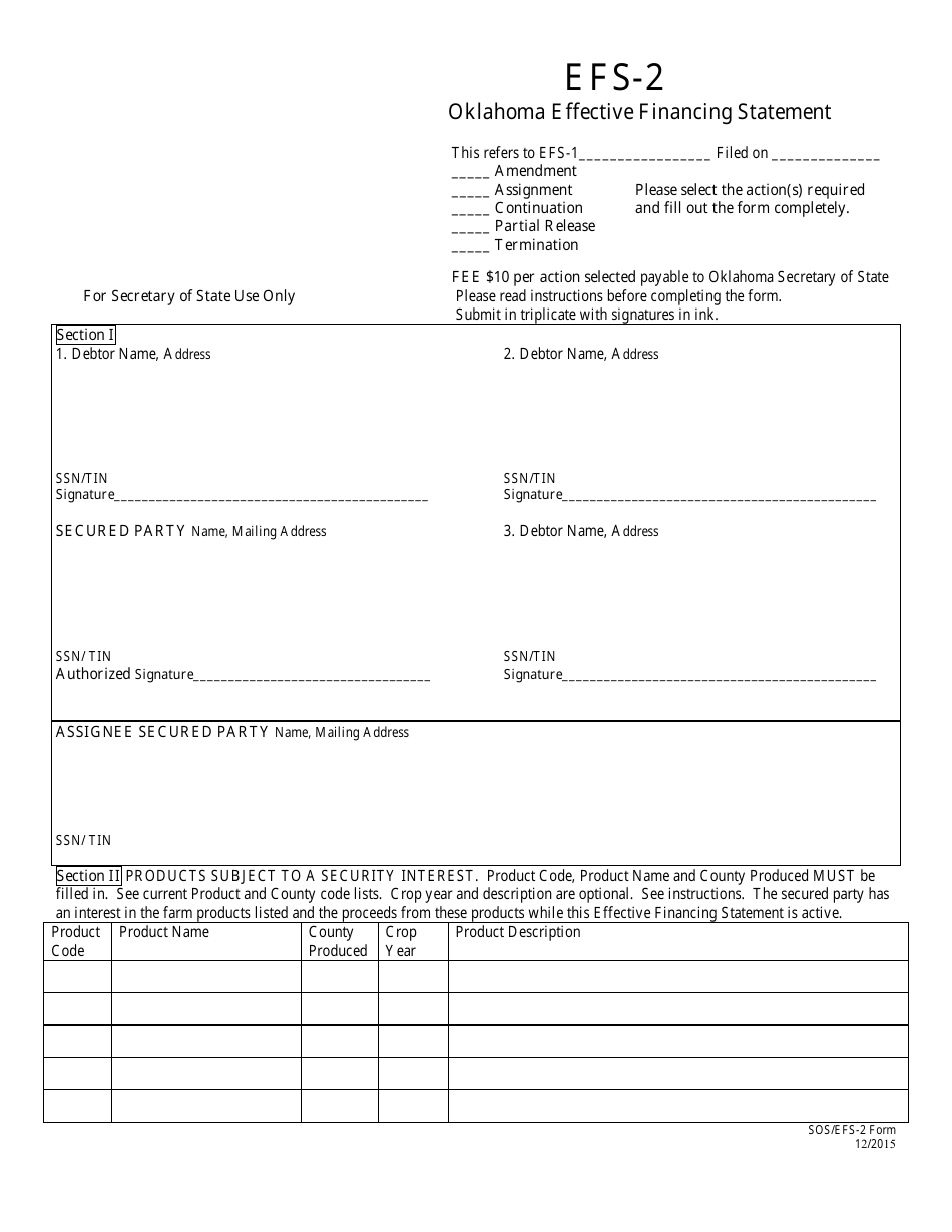 SOS Form EFS-2 Effective Financing Statement - Oklahoma, Page 1