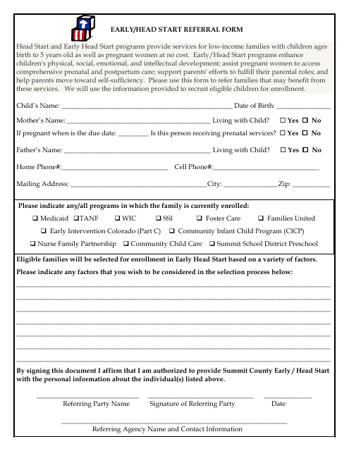 Early / Head Start Referral Form Download Pdf