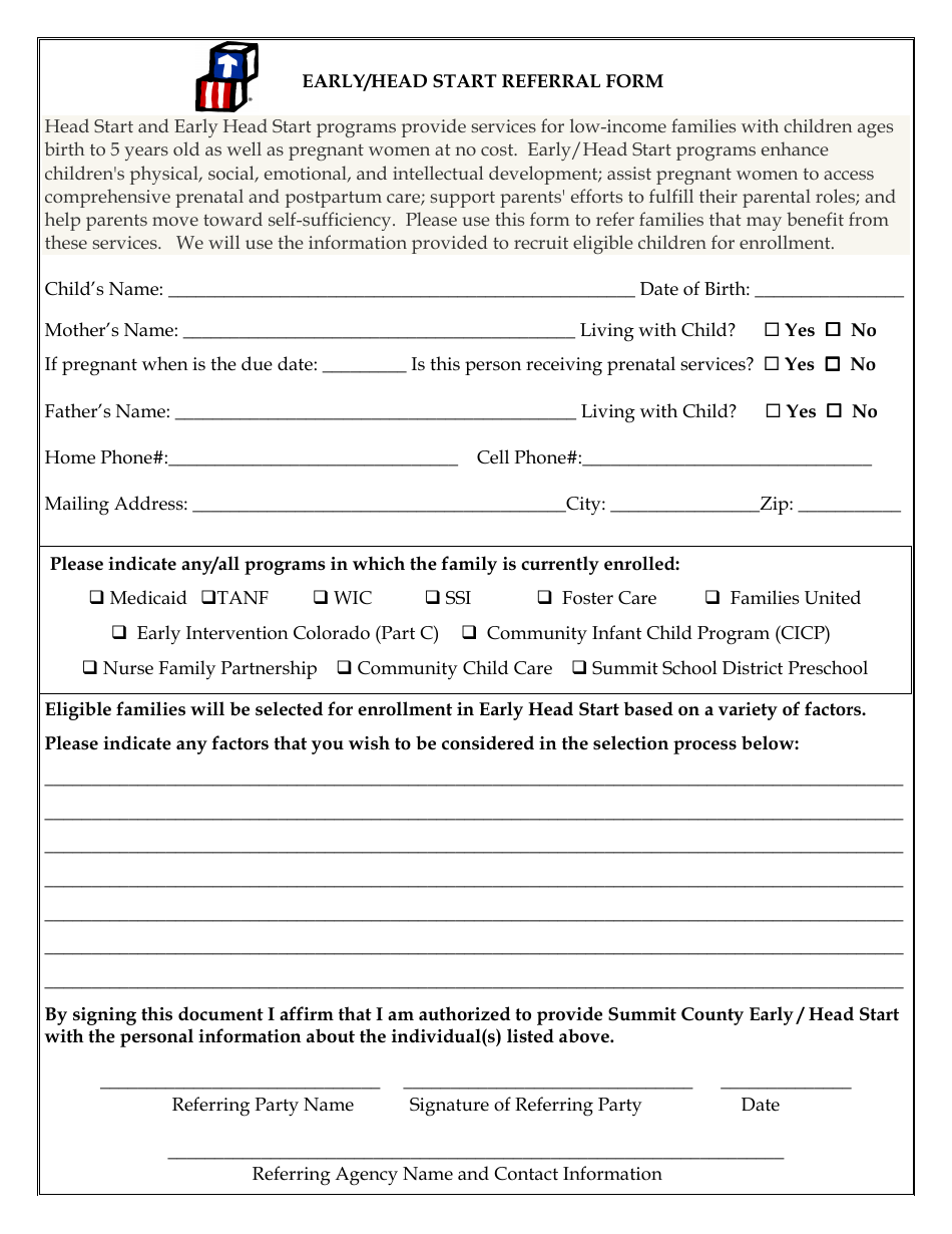 Early / Head Start Referral Form, Page 1