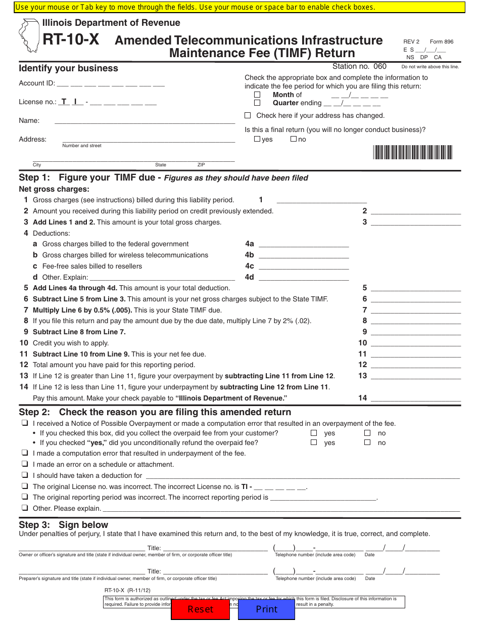 Form RT-10-X (896) Amended Telecommunications Infrastructure Maintenance Fee (Timf) Return - Illinois, Page 1