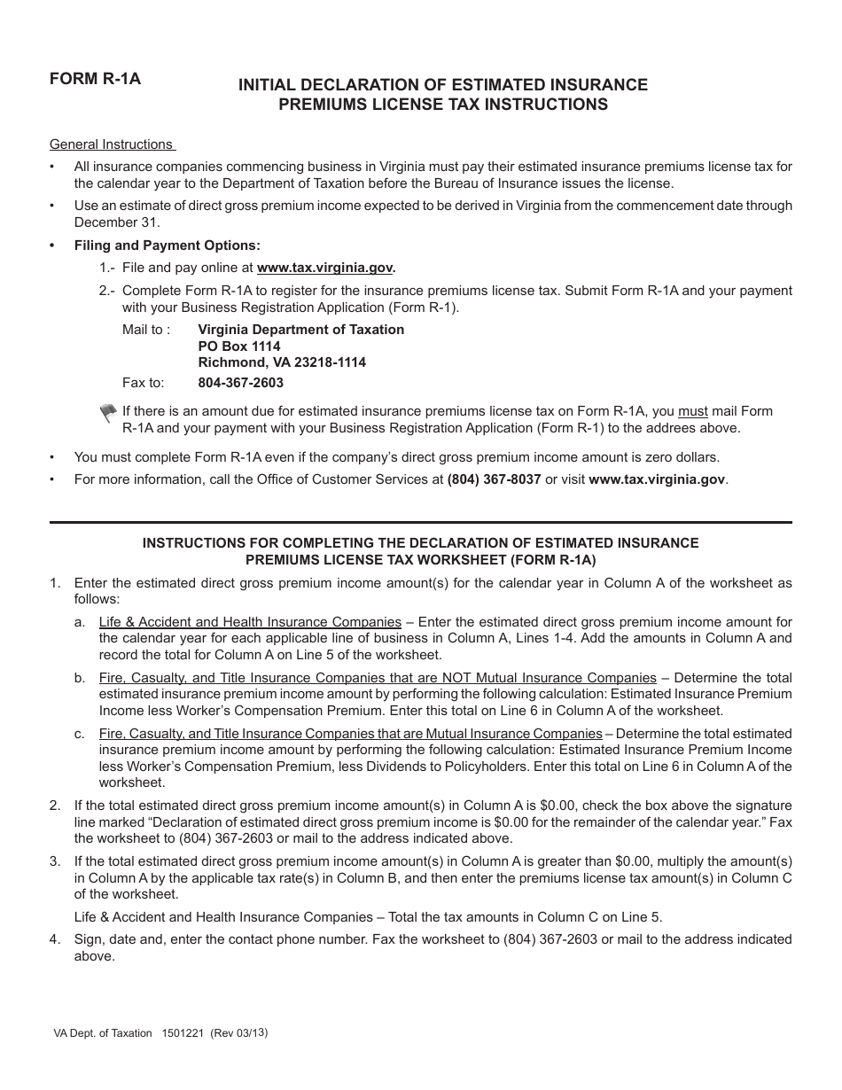 Form R-1A (800IES) Initial Declaration of Estimated Insurance Premiums License Tax - Virginia, Page 1