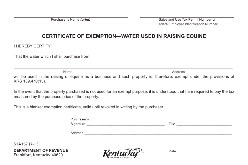 Form 51A157 Certificate of Exemption - Water Used in Raising Equine - Kentucky