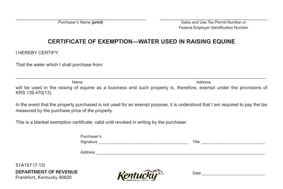 Form 51A157 Certificate of Exemption - Water Used in Raising Equine - Kentucky, Page 1