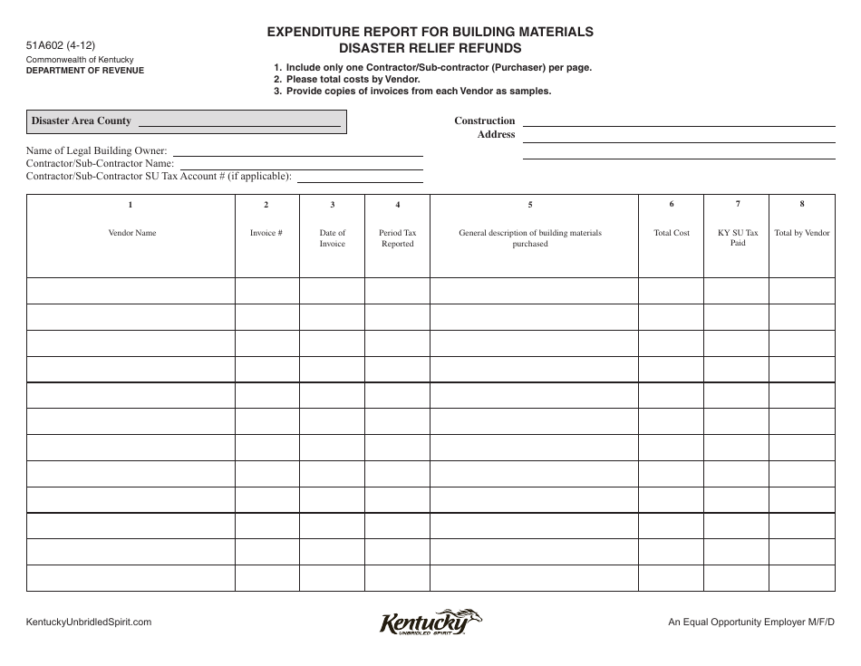 Form 51A602 Expenditure Report for Building Materials Disaster Relief Refunds - Kentucky, Page 1