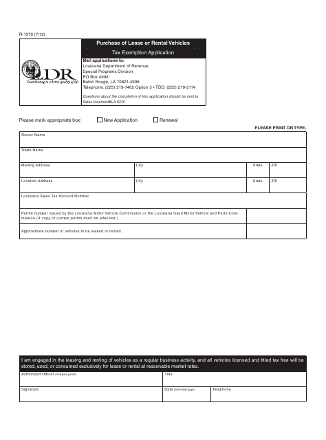 Form R-1370 Purchase of Lease or Rental Vehicles Tax Exemption Application - Louisiana