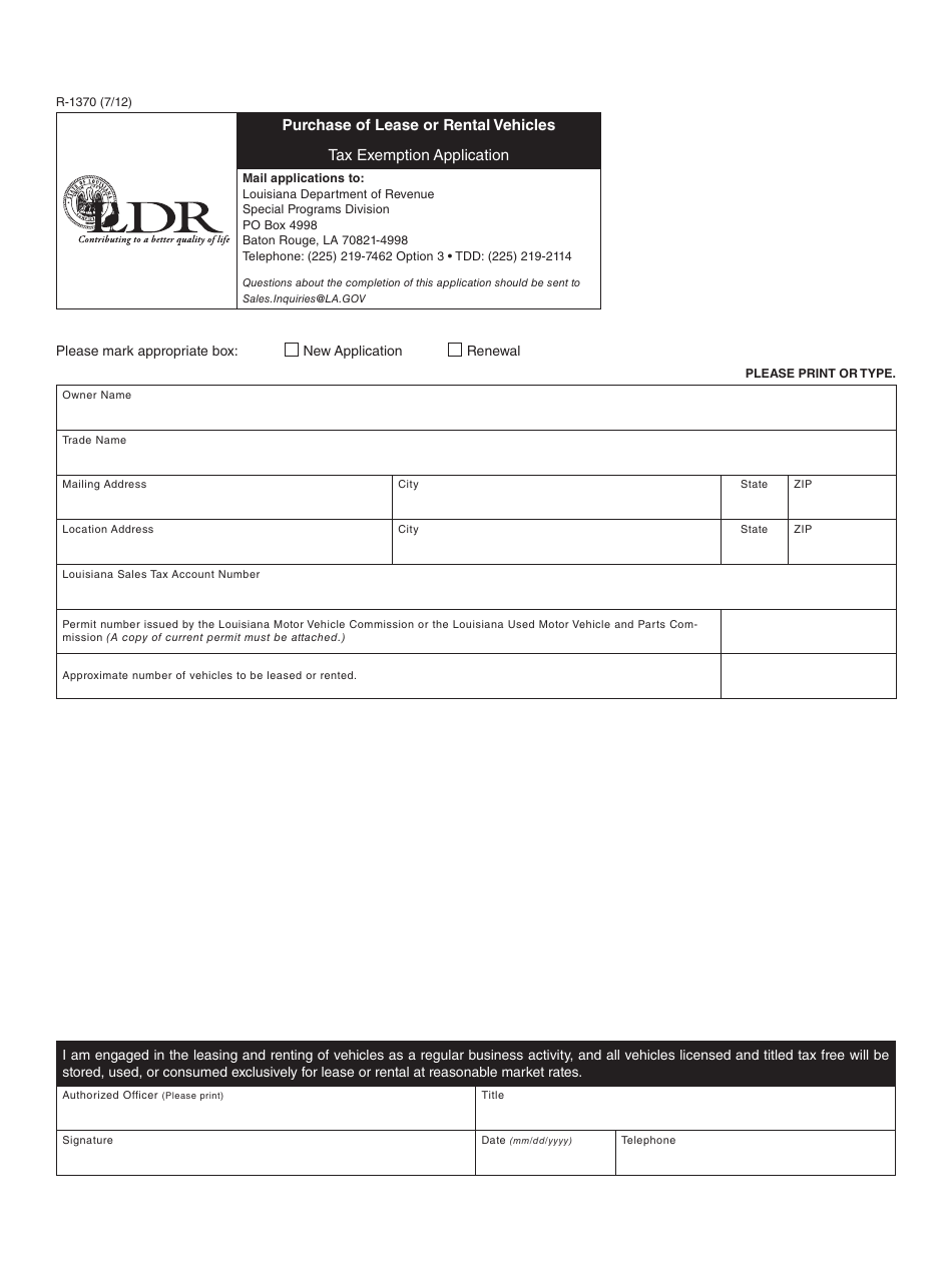 Form R-1370 Purchase of Lease or Rental Vehicles Tax Exemption Application - Louisiana, Page 1
