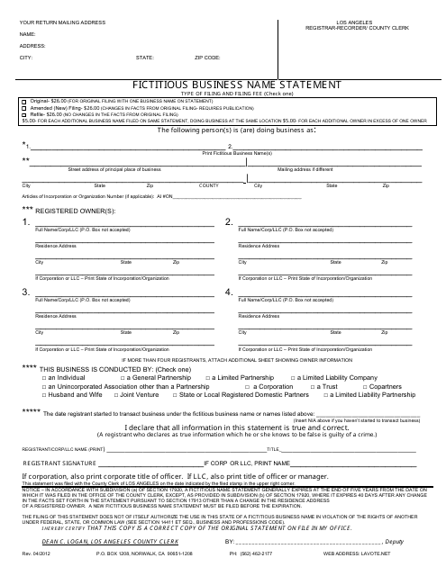 Fictitious Business Name Statement Form - Los Angeles County, California Download Pdf