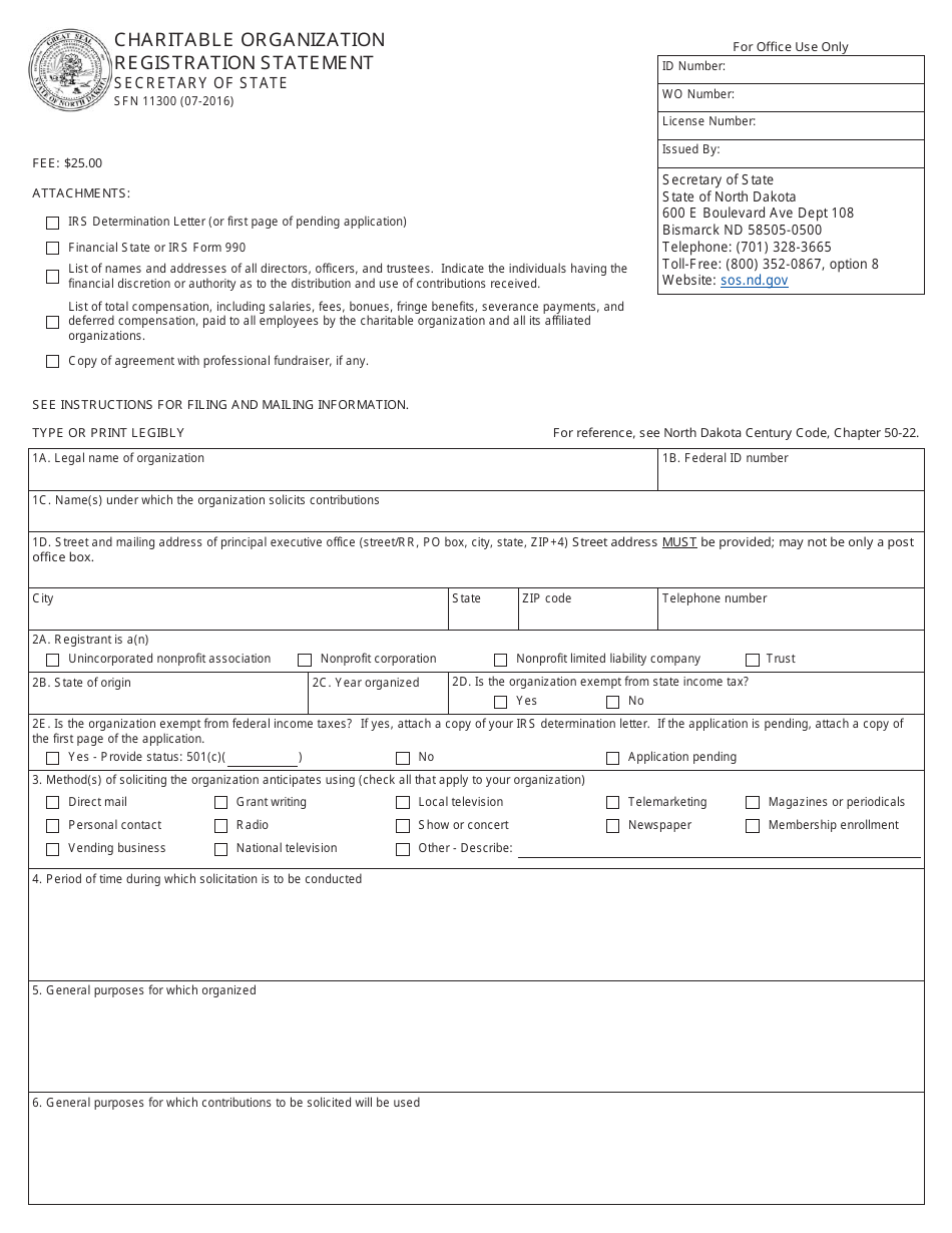 Form SFN11300 Charitable Organization Registration Statement - North Dakota, Page 1