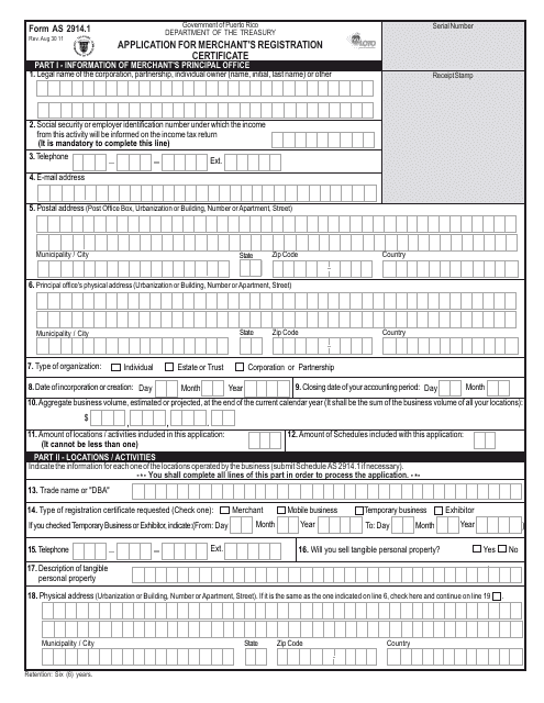 Form AS-2914.1 Application for Merchant's Registration Certificate - Puerto Rico