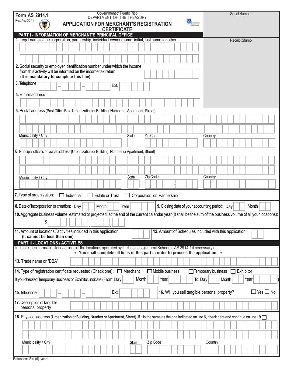 Form AS-2914.1 Application for Merchant's Registration Certificate - Puerto Rico, Page 1