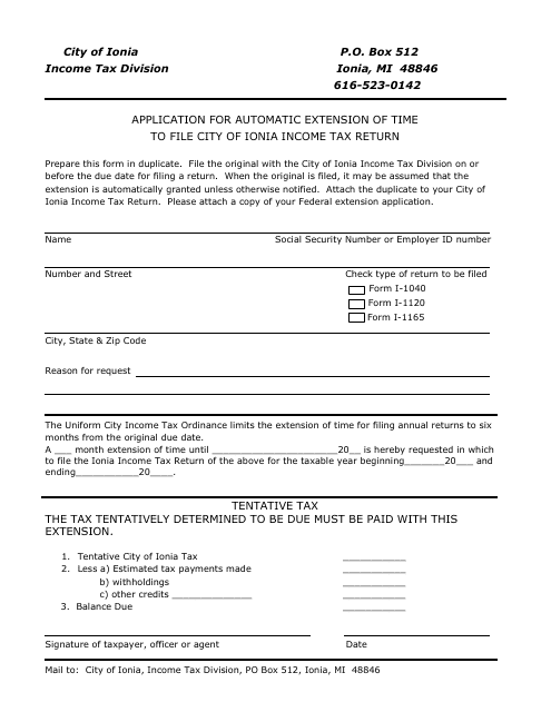 Application for Automatic Extension of Time to File City of Ionia Income Tax Return - City of Ionia, Michigan Download Pdf