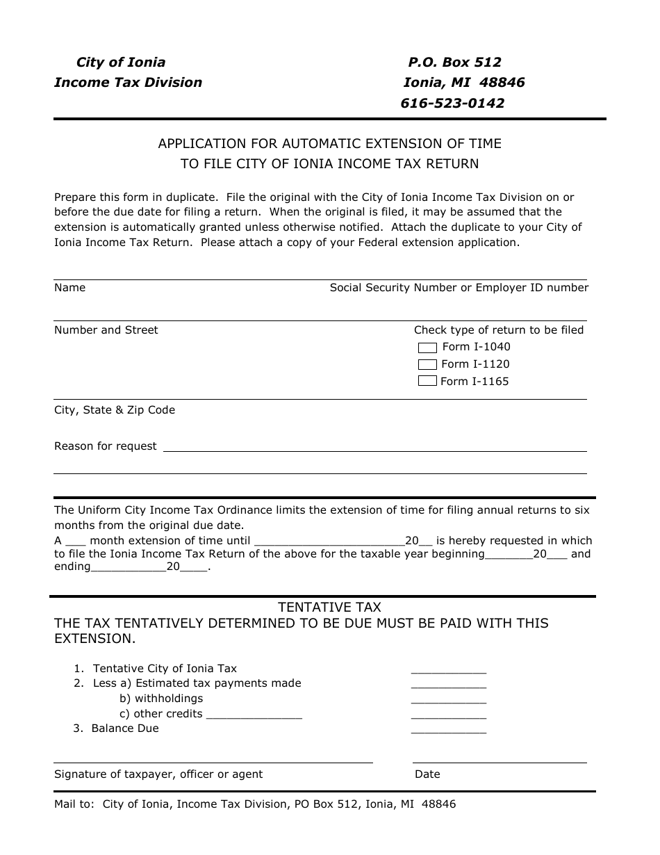 Application for Automatic Extension of Time to File City of Ionia Income Tax Return - City of Ionia, Michigan, Page 1