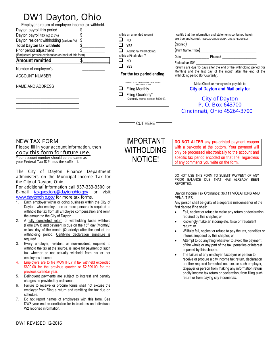 Form DW1 Employer's Return of Employee Income Tax Withheld - City of Dayton, Ohio, Page 1