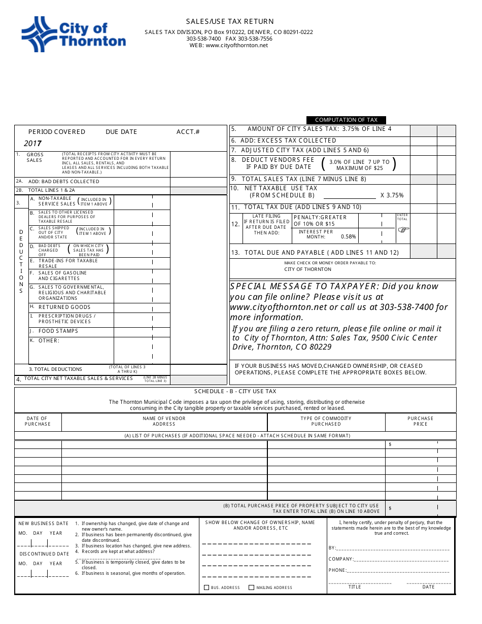 2017 City of Thornton, Colorado Sales/Use Tax Return Fill Out, Sign